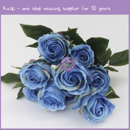 Blue Fabric Flowers 9-Head Rose 18291